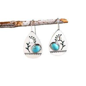 Boho Silver Teardrop Cut Metal Flower Drop Earrings
